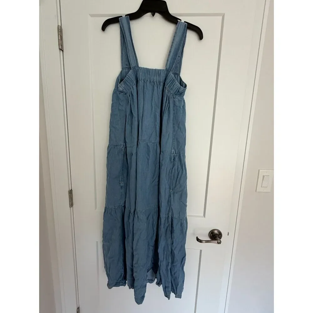 Veronica Beard Chambray Tiered Maxi Dress Size 12 Blue Denim Sundress Pockets